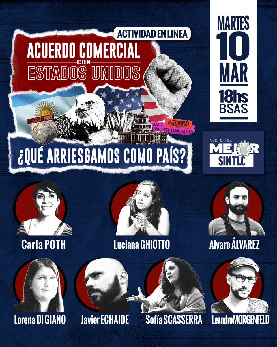 A 20 años del NO al ALCA, el gobierno impulsa un nuevo acuerdo comercial con Estados Unidos.

¿Qué implicancias puede tener para medicamentos, ambiente, regulación e inversiones?

📅 10 de marzo
🕕 18 hs
💻 Seminario virtual
👉 Inscripción previa:  forms.gle/i9RsEaACpCJQK6…