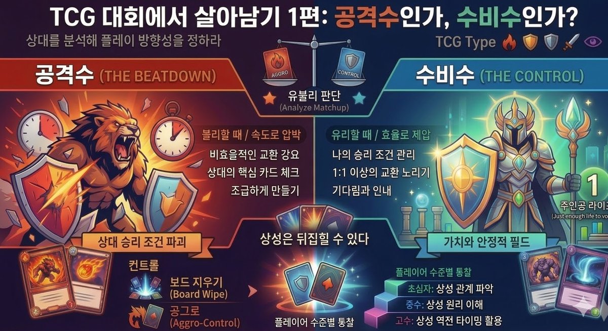 "강한 수를 찾기 전에 먼저 해야 할 건, 내가 지금 공격수인지 수비수인지 정하는 것이다."

게임에 들어가기에 앞서 가장 중요한 건 뭘까?

“상대를 알고 나를 알면 백전불패”라는 말이 있다.

TCG 대회에서는 이걸 이렇게 바꿔 말할 수 있다.
지금 내 앞의 상대가 나에게 유리한지 불리한지 먼저