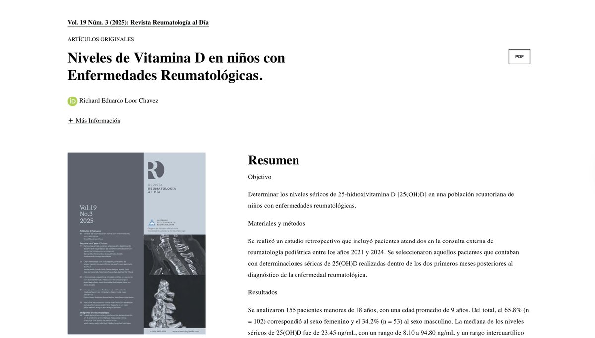 ¿Sabía que el 74.8% de los niños con enfermedades reumatológicas en Ecuador presentan niveles de vitamina D <30 ng/mL?. Este estudio original destaca la alta prevalencia de hipovitaminosis en nuestra región. Lea el artículo completo aquí ➡️ reumatologiaaldia.com/index.php/rad/…
<a href="/SERECUADOR1/">Sociedad Ecuatoriana de Reumatología</a>
