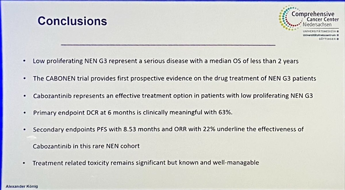 DrAngelaLamarca's tweet photo. Cabozantinib in #G3NEN (Ki67 20-60%) at #ENETS2026 @ENETS_ORG 

N=45

PFS 8.53mo
OS 18.8mo

ORR 22% https://t.co/wLcT1xrrem