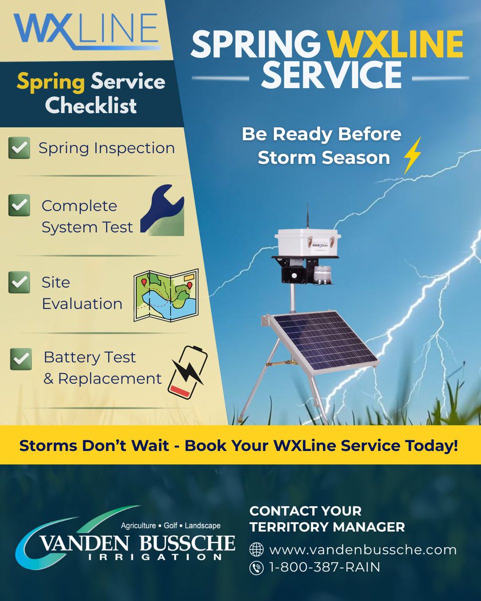 VBIrrigation's tweet image. Storm season is coming ⚡️

Have you serviced your WXLine yet?
✔️ Inspection
✔️ System test
✔️ Site evaluation
✔️ Battery check

Storms don’t wait — book your service today.

vandenbussche.com
#WXLine #StormReady #SpringService