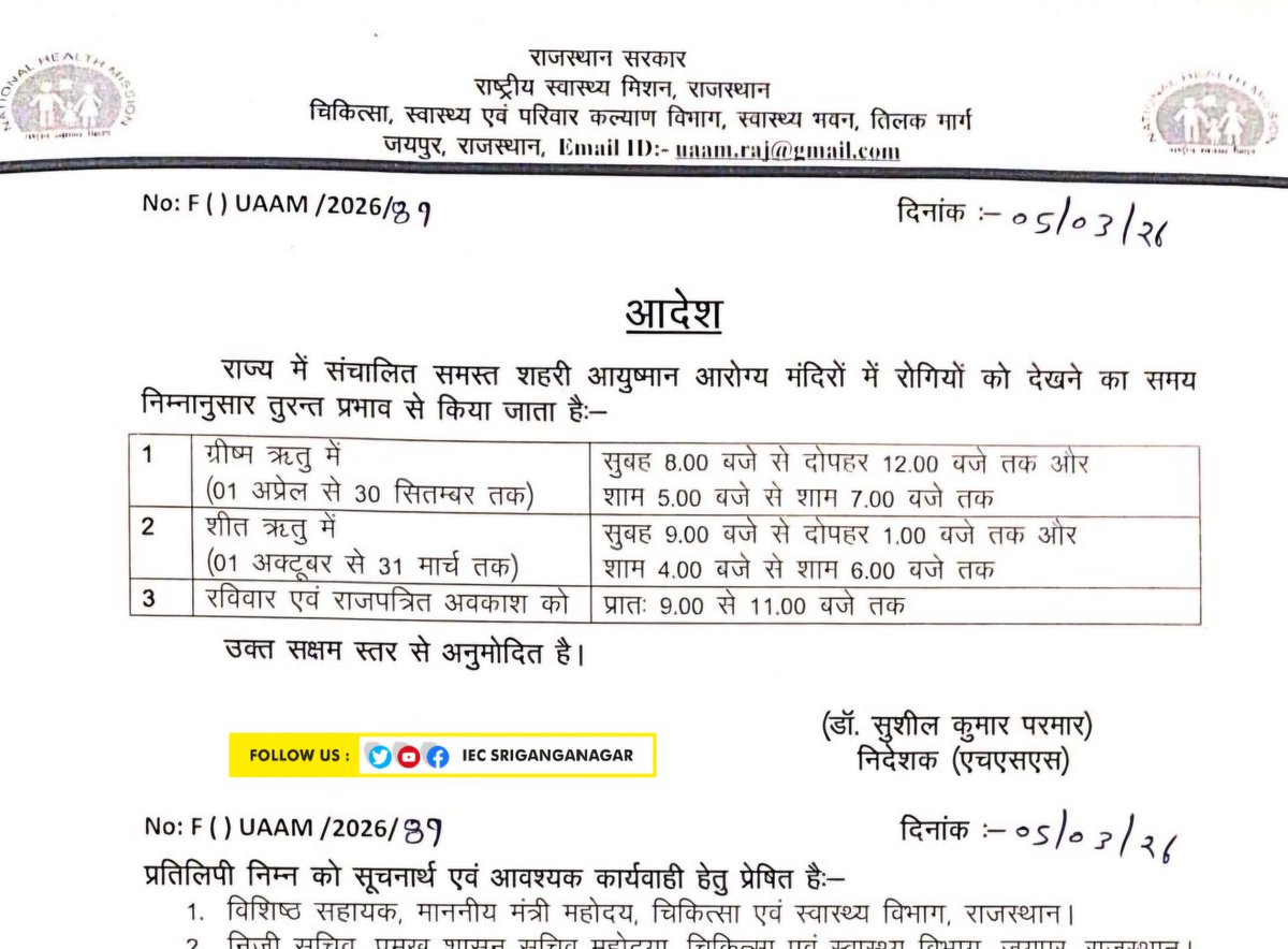 राज्य में संचालित समस्त #शहरी_आयुष्मान_आरोग्य_मन्दिर में रोगियों को देखने का समय निम्नानुसार तुरंत प्रभाव से प्रभावित होगा।
ये आदेश केवल शहरी आयुष्मान आरोग्य मन्दिरों के लिए है, अन्य चिकित्सा संस्थान पूर्ववत खुलेंगे।

#iecsriganganagar #HospitalTime #RajasthanNews