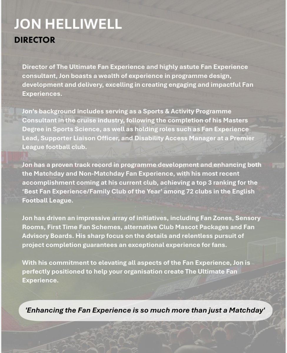 theultimatefanx's tweet photo. Everything we do here at The Ultimate Fan Experience is driven by our passion for all sporting clubs and event venues to offer the very best fan and visitor experience.

After an extremely busy few months consulting at various stadiums and organisations, it is with great excitement to announce that we have taken time to also fully update our website. This has also created the perfect opportunity for us to re-introduce you to The Ultimate Fan Experience and our Director @HelliwellJon 
 
Those of you working in a dynamic sporting landscape will already know that organisations are increasingly recognising the importance of enhancing the fan experience, across matchdays and non-matchdays. This focus is vital for attracting and retaining supporters, ensuring engagement in current seasons and for future generations. Sporting events are no longer defined solely by the 90-minute football match or a fast-paced Basketball game. Supporters and visitors now expect and deserve experiences and services that engage, support and excite them before, during and after each visit.
 
Over the coming weeks we will be sharing lots of engaging updates and news, outlining how we can help your club or venue elevate your fan experience, and we would love you to be part of our journey.
 
Please head over to our website at https://t.co/HhVf4HHGBC for further information, or reach out for a conversation with Jon at jon@tufe.co.uk

#MoreThanJustTheMatch