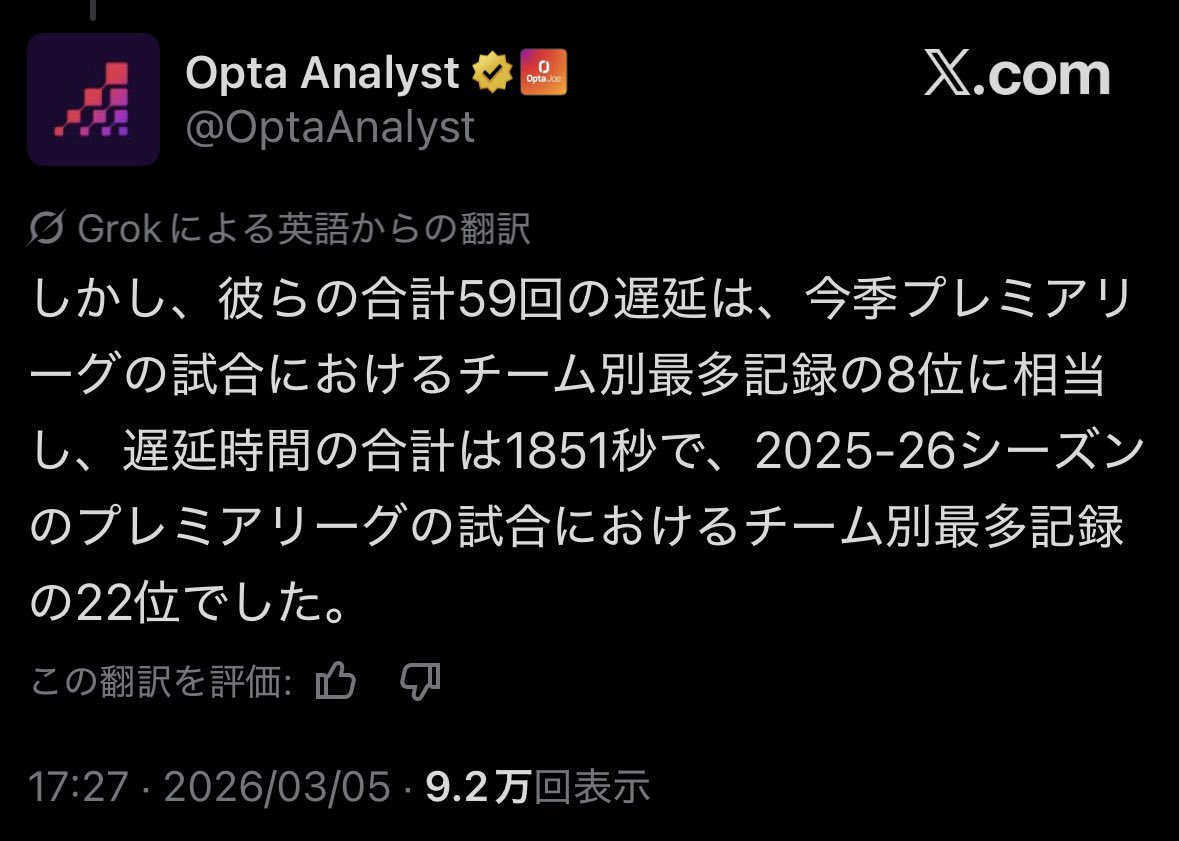 goonerafter's tweet photo. いやいや「アーセナルの試合で最長。プレミアリーグでは２２位の記録」をどう翻訳すれば「プレミアリーグ最長の記録」なんてデタラメが言えるんだよ。引用でアーセナル叩いてるやつ含めてほんまにアホすぎるやろ https://t.co/rIFCzZ2GVC