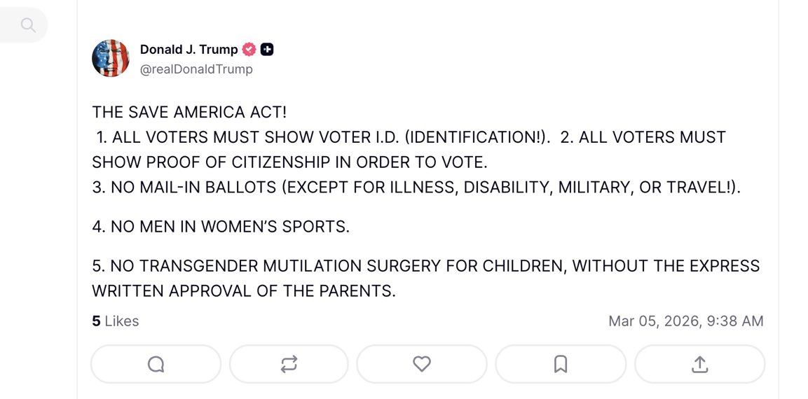 Hunter_Eagleman's tweet image. Trump: 🚨 "THE SAVE AMERICA ACT!

1. ALL VOTERS MUST SHOW VOTER I.D. (IDENTIFICATION!).  2. ALL VOTERS MUST SHOW PROOF OF CITIZENSHIP IN ORDER TO VOTE. 
3. NO MAIL-IN BALLOTS (EXCEPT FOR ILLNESS, DISABILITY, MILITARY, OR TRAVEL!).

4. NO MEN IN WOMEN’S SPORTS.

5. NO