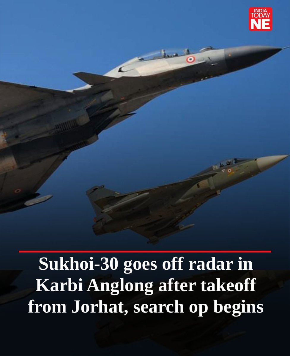 IndiaTodayNE's tweet photo. A Sukhoi Su-30MKI reportedly flying from #Jorhat is suspected to have #crashed in a remote hilly area near Nilip Block under #Chokihola in the Karbi Anglong district on the evening of March 5. 

Local #residents reported hearing a loud explosion around 7 pm, followed by smoke rising from the hills, triggering #panic in nearby villages. The suspected crash site lies deep in the Karbi Anglong hill terrain, making access difficult. 

Officials are expected to launch #search and #rescueoperations, while confirmation about the aircraft and the pilots is still awaited.