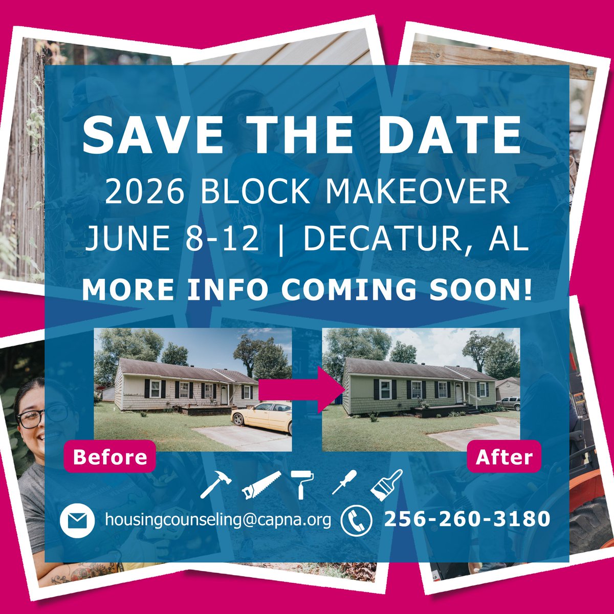 🛠️  SAVE THE DATE! 🔨

Join us June 8-12 in Decatur for our Annual Block Makeover Event, where we’ll be transforming homes &amp; revitalizing our community one block at a time! 🏡

Interested in volunteering?

📞 256-260-3180
✉️ housingcounseling@capna.org

#CAPNA #NeighborWorksWeek