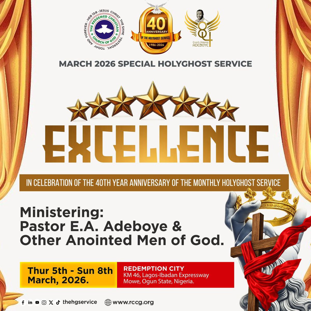 TheHGService's tweet photo. It's day 1 of the Special Holy Ghost Service 2026!

Are you ready for a transformative evening?
The Lord has an appointment with you this evening, and His excellence will be shown forth in your life from this very day.

#SHGS2026
#Excellence https://t.co/O7KAylSCFl