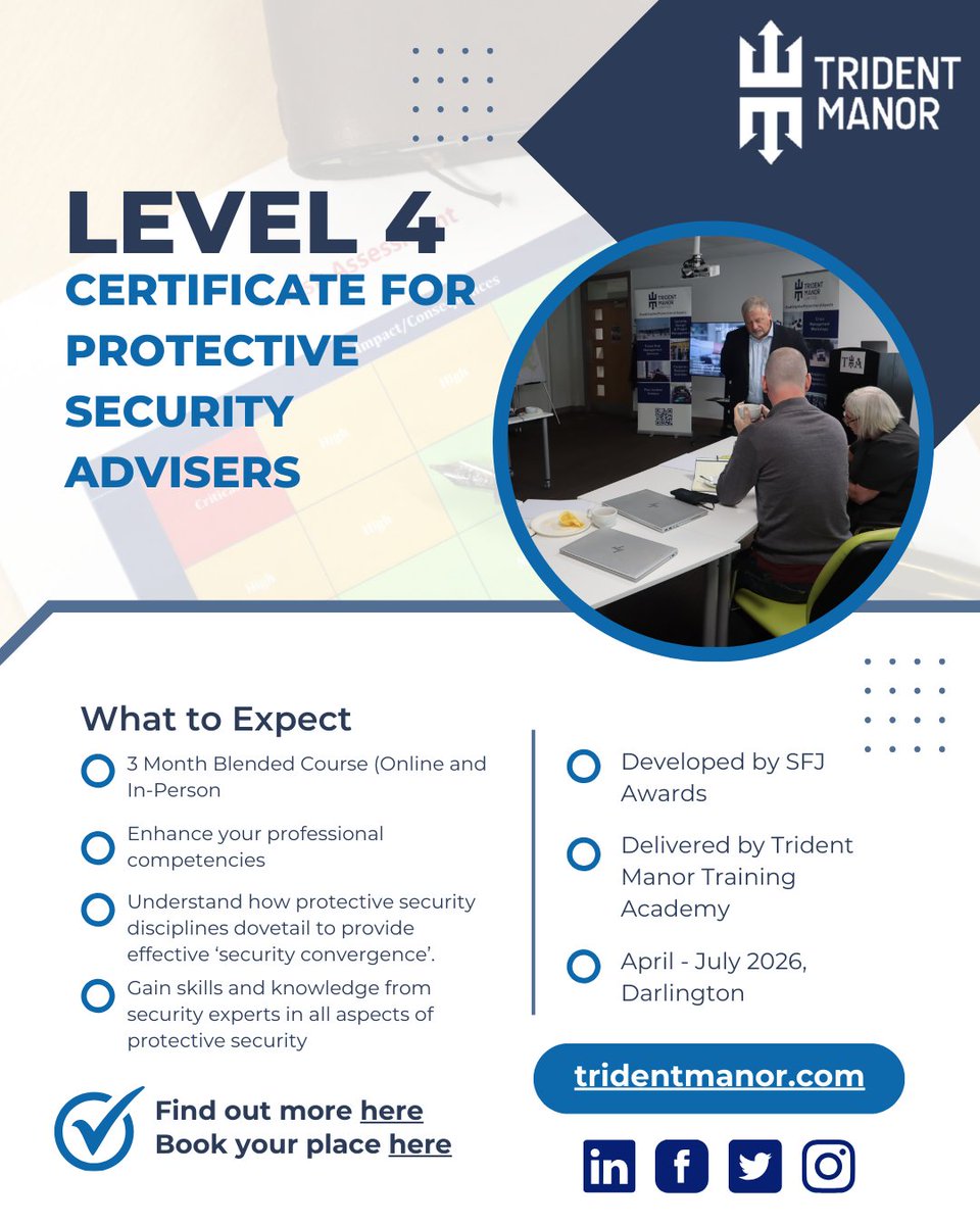 The Level 4 Certificate for Protective Security Advisers is the perfect opportunity to gain knowledge from #security experts who have delivered specialist protective security training programmes globally.
Book here eventbrite.co.uk/e/level-4-cert…