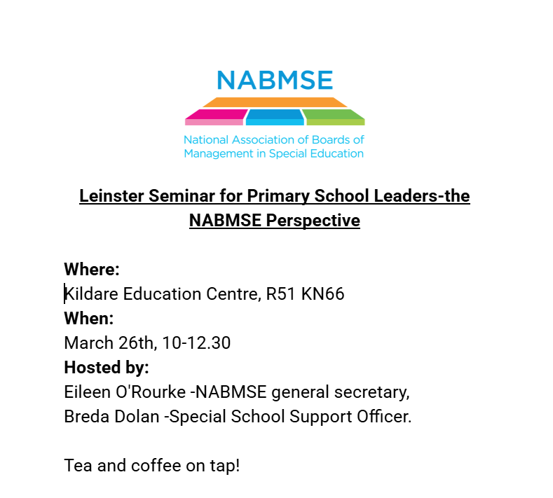 NABMSE's tweet photo. 🪧Important notice for Leinster primary school leaders🏫📚

NABMSE are delighted to be hosting a seminar for primary school leaders in Kildare Education Centre on 26/03. Please see link below to register
https://t.co/eXy3SyVgCn https://t.co/0K5RVlCgTF