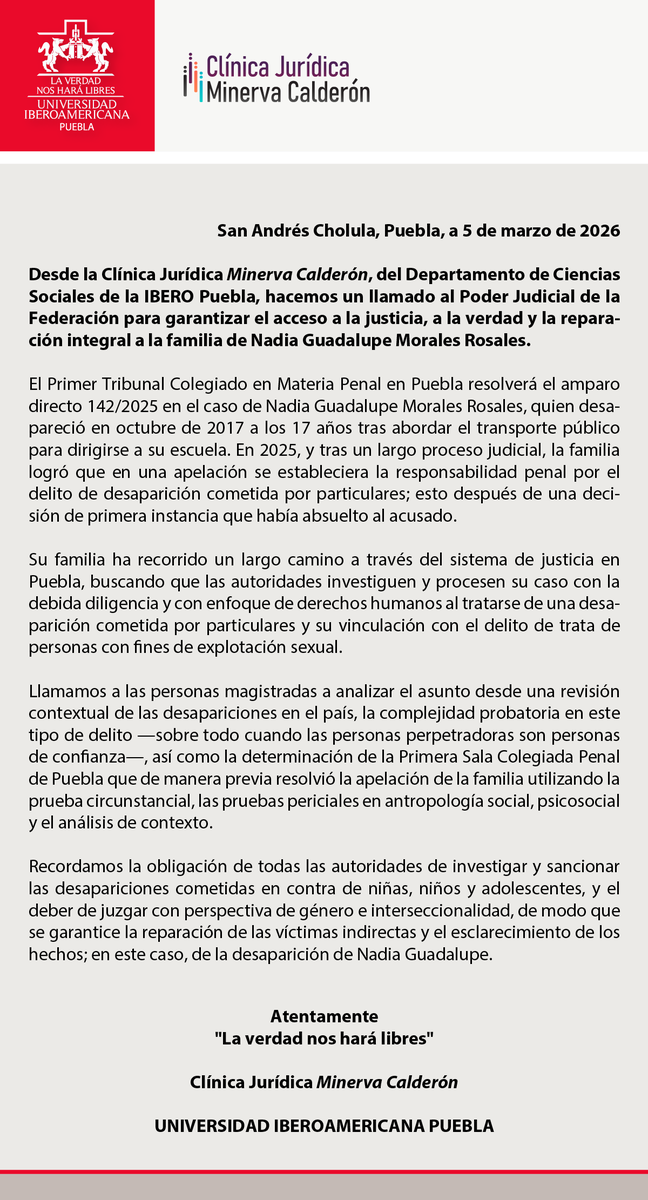 IberoPuebla's tweet photo. Hacemos un llamado al Poder Judicial de la Federación para garantizar el acceso a la justicia, a la verdad y la reparación integral a la familia de Nadia Guadalupe Morales Rosales. https://t.co/61qjPsa6eG