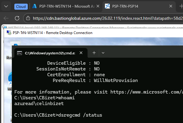 nlangrs's tweet photo. @awakecoding Not great news (for you sorry), I was able to remote onto a machine using azuread\ account, I did have the hosts files entries in place on both host machine and target detailing both computers (ip<tab>name). Tried a 2nd one too. https://t.co/Ldr9X9taGp