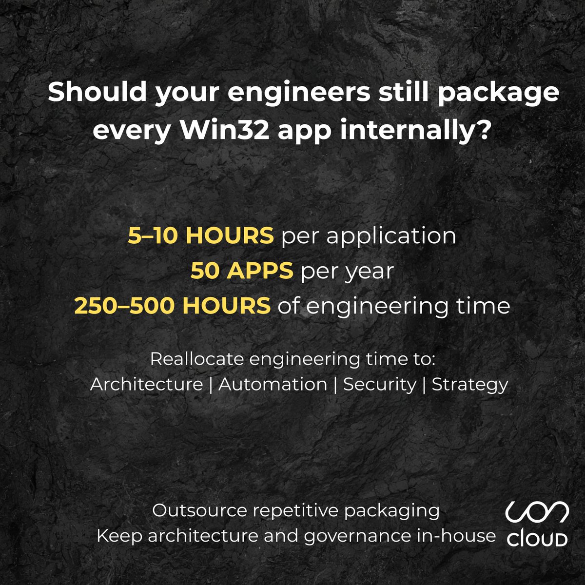 UonCloud's tweet photo. Speed isn’t the real issue.
Capacity is.
Over time, application packaging becomes a steady operational stream and senior engineering time quietly shifts toward repeatable execution work.

How are you balancing operational workload vs strategic engineering focus? https://t.co/MBhp7WtouX