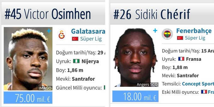 G_Soner's tweet photo. Tüm kariyeri fenerde 4 maç olan adamın değeri 11 m€ artıyor. CL de 7 gol atan , dünya kulüplerinin transfer gözdesi olan , sayılı forvetlerinden Osimhenin değeri 1 m€ bile artmamış hadi canım kolpacılar sizi @TMtr_news https://t.co/mCIIUmO18y