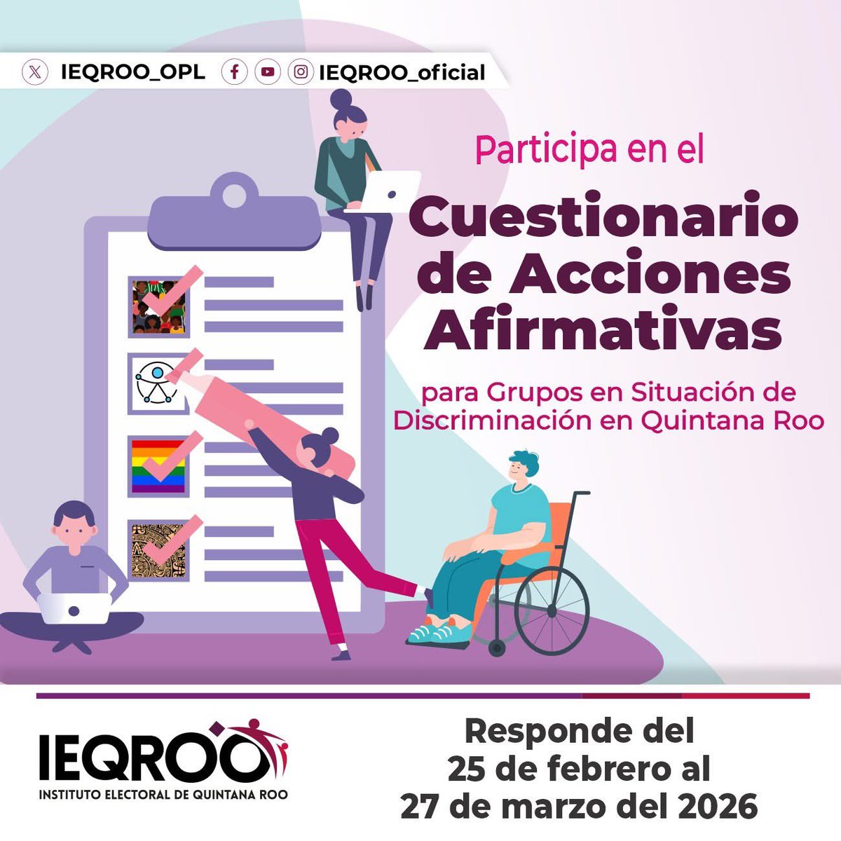 💁‍♀️El IEQROO te invita a participar en el Cuestionario de Acciones Afirmativas para grupos en situación de discriminación.

¿Cómo participar?⬇

Es muy sencillo, solo debes ingresar al siguiente enlace y compartir tu perspectiva:
🔗 ieqroo.org.mx/ver/cuestionar…