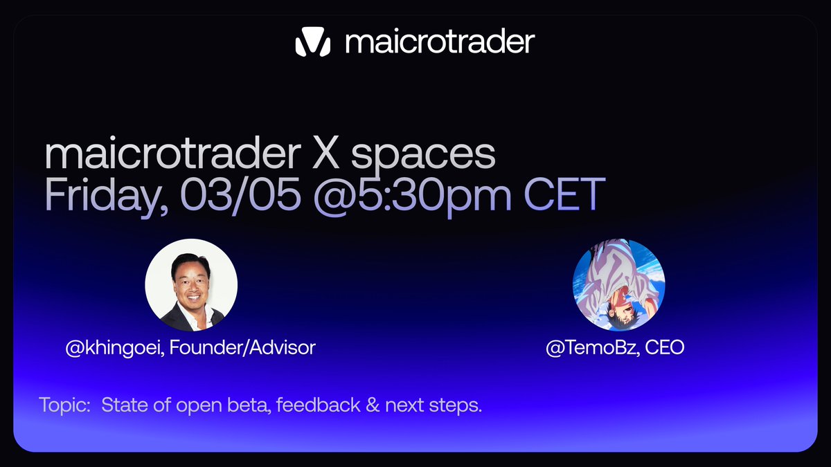 maicrotrader's tweet photo. 🎙️ LIVE tomorrow at 5:30 PM CET

Join @TemoBz and @Khingoei for an open conversation on the state of the maicrotrader beta.

What we'll cover:

→ How the vault is performing since launch
→ What we're learning from early depositors
→ The feedback loop between retail and institutional users
→ What's coming next, future plans, and roadmap.

🕐 5:30 PM CET
📍 Right here on X

Set your reminder ⬇️
https://t.co/HzoPbnucrB