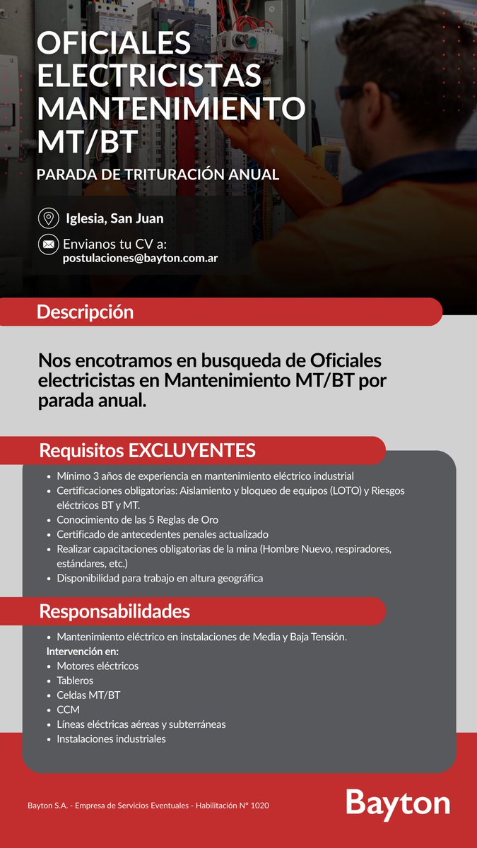 🚨 En Bayton estamos incorporando perfiles técnicos para parada anual de empresa minera en Iglesias, San Juan 📍

- Oficiales Electricistas MT/BT
- Mecánicos Especializados para el equipo de Trituración

📩 Postulate enviando tu CV a: postulaciones@bayton.com