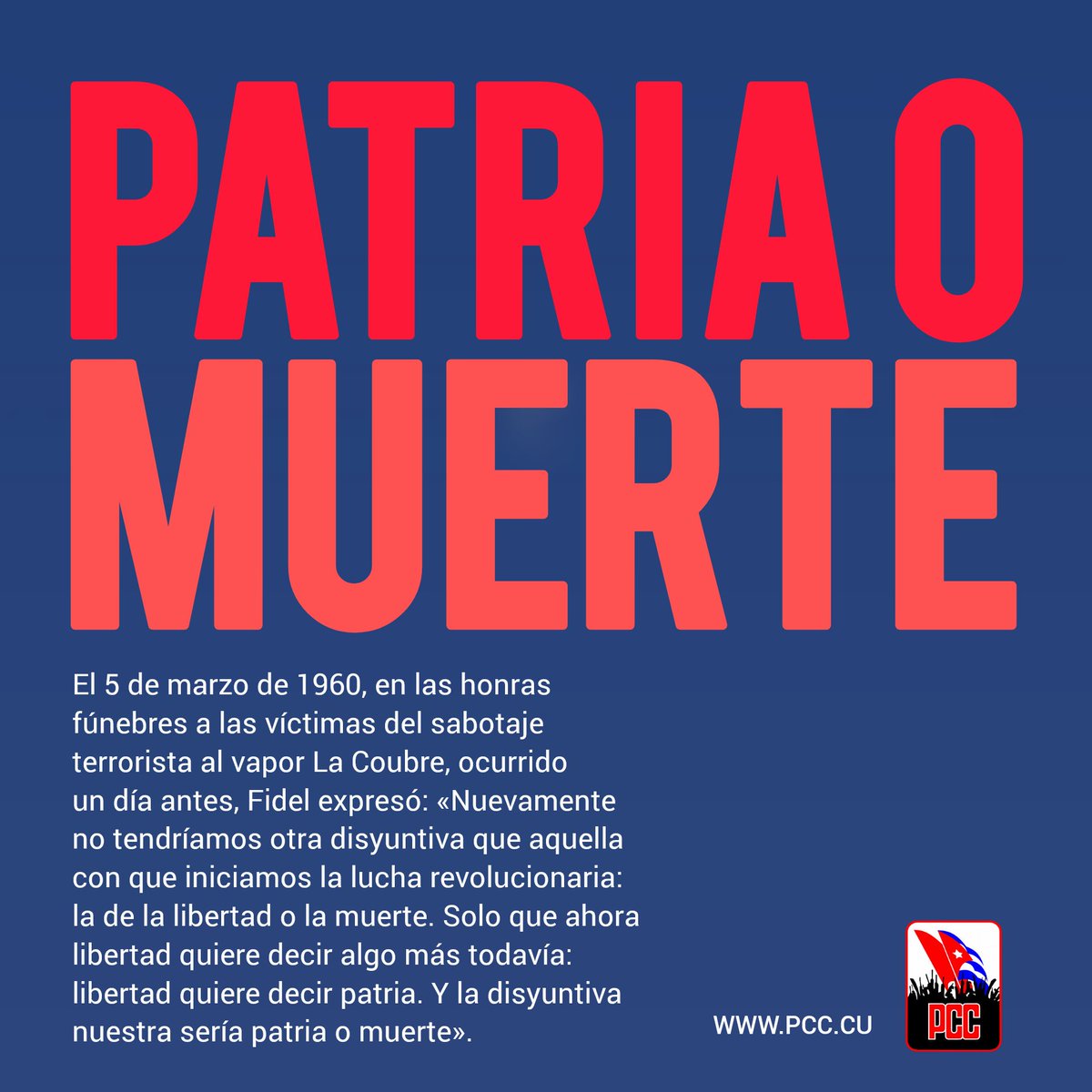 #100AñosConFidel: "Nuevamente no tendríamos otra disyuntiva que aquella con que iniciamos la lucha revolucionaria: la de la libertad o la muerte. Solo que ahora libertad quiere decir algo más todavía: libertad quiere decir Patria. Y la disyuntiva nuestra sería ¡Patria o Muerte!".