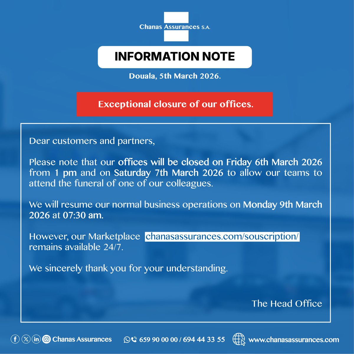 Note d'information à l'attention de notre aimable clientèle.
----------------
Information for our valued customers.
#chanasassurances #lerisquemaitrisélavenirassuré #RiskControlledFutureSecured #insurances #assurance