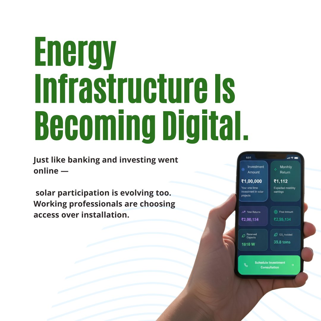 SolarCapital_'s tweet image. Your energy choices shouldn’t require a second job.

Traditional solar often means:
⚡ Installation planning
⚡ Vendor coordination
⚡ Maintenance responsibility

🔗 Visit solarcapital.in

#DigitalSolar #DigitalSolarInvestment #SolarForProfessionals #SolarCapital