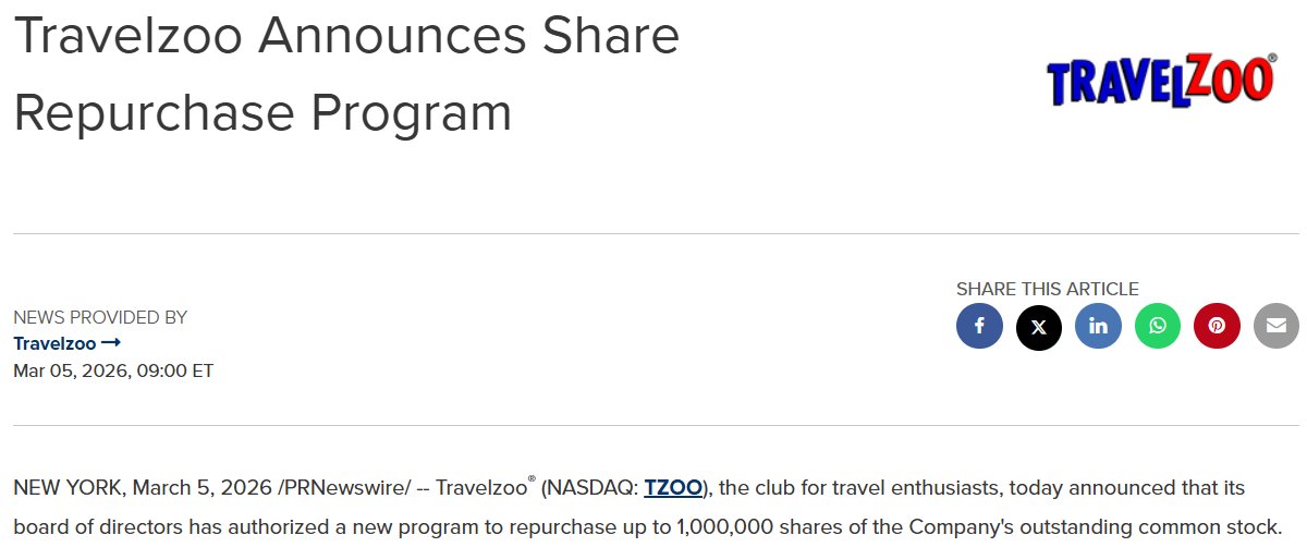 $TZOO New share repurchase authorization allowing the buyback of up to ~10% of shares outstanding