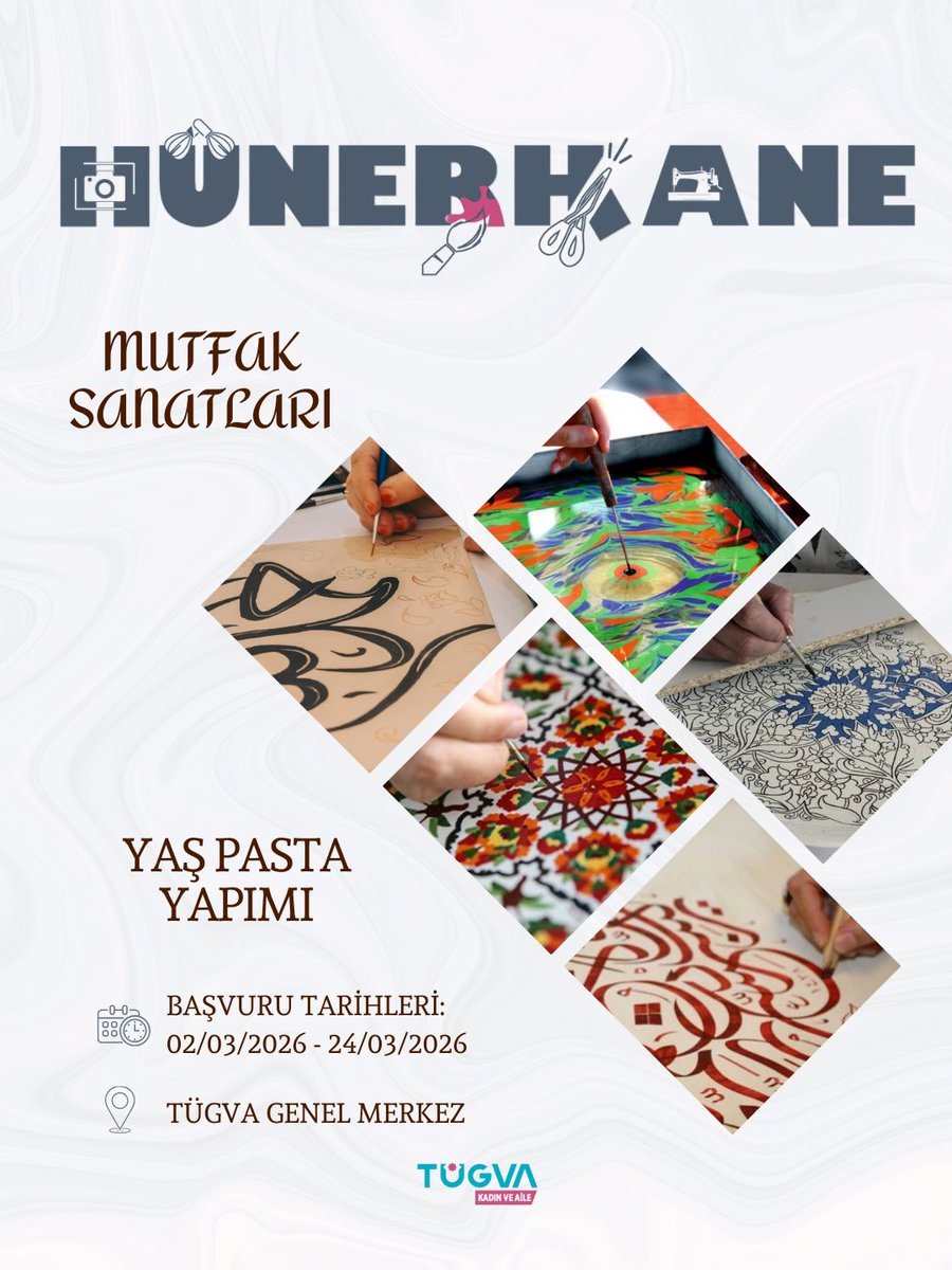 Hünerhane başvuruları başladı!
Geleneksel sanatlardan mutfak sanatlarına, birbirinden güzel atölyelerde yeteneğini keşfet! ✨

🔗Başvuru için: basvuru.tugva.org/hunerhane adresini ziyaret edebilirsiniz.