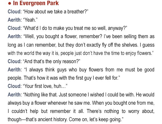 cleritharchive's tweet photo. Early draft of Cloud and Aerith's conversation at Evergreen Park (Ultimania Omega, Early Material File). https://t.co/7jsrEwSig0