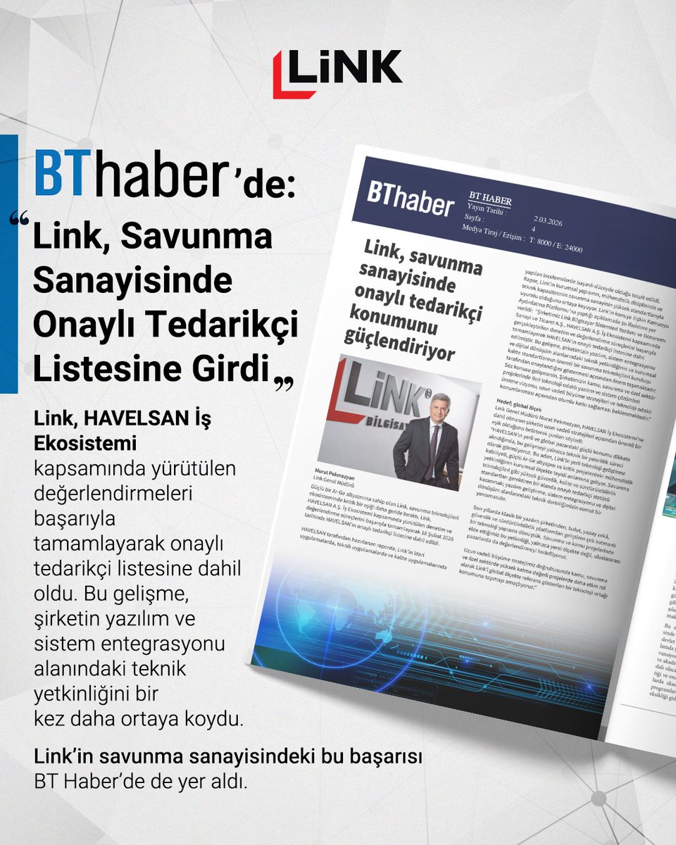 Link, HAVELSAN İş Ekosistemi değerlendirmelerini başarıyla tamamlayarak onaylı tedarikçi listesine dahil oldu. 🚀

Gelişme BT Haber’de de yer aldı.

#savunmasanayi #havelsan #teknoloji #yazılım #linkbilgisayar #bthaber