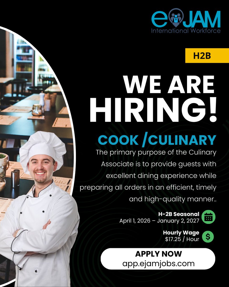 eJAMJOBS's tweet photo. Hiring: Cook / Culinary (H-2B Seasonal) 👨‍🍳

Join the team!

📍 Location: Branson, MO
📅 Dates: April 1, 2026 – Jan 2, 2027
💰 Wage: $17.25 / Hour

🔗 Apply Now: https://t.co/a0sh1gCkxW

#Hiring #Culinary #CookJobs #BransonMO #H2B #Seasonal https://t.co/oRmEjqBtWS