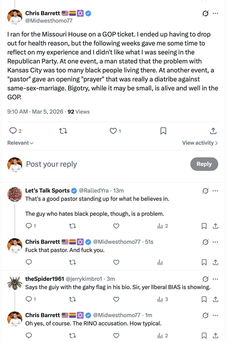 Midwesthomo77's tweet photo. Within just a few minutes after posting this reply, this is the bullshit I hear from the right. When will you dumbass #homocons understand that the right hates you and you are nothing more than useful idiots. And this my friends is why I am politically homeless. https://t.co/Qx9WF1MZnA