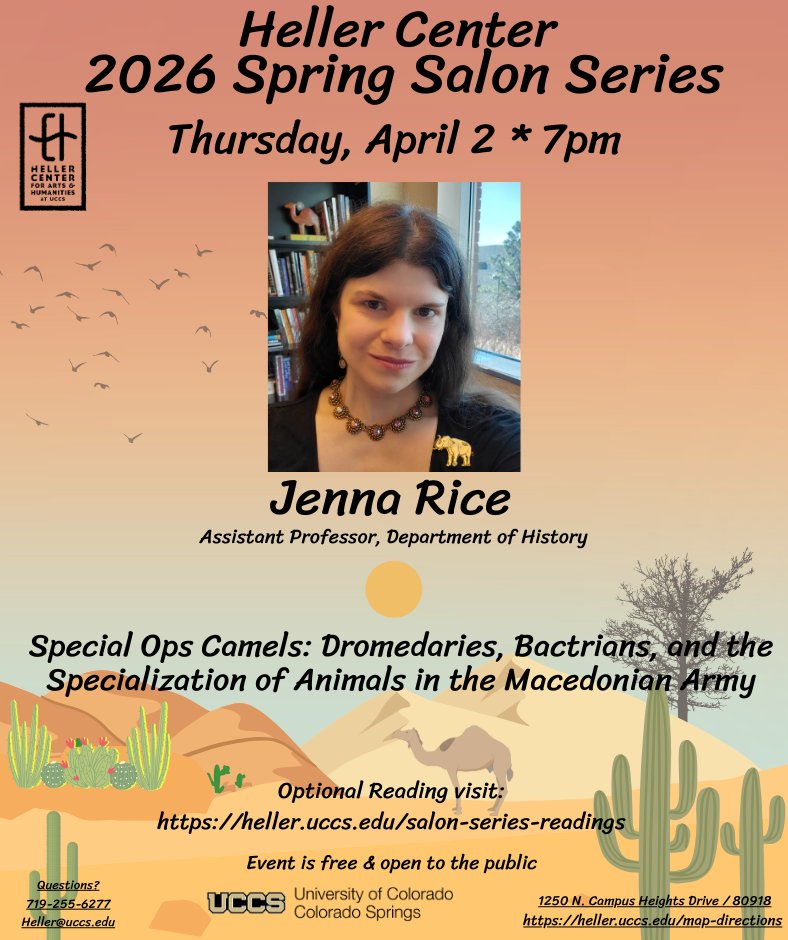 hellercenter's tweet photo. Come join us on Thursday April 2 at 7pm for our 2026 Salon Series talk featuring Jenna Rice, Assistant Professor, Department of History.

Special Ops Camels: Dromedaries, Bactrians, and the Specialization of Animals in the Macedonian Army https://t.co/PkQuT0OBFH