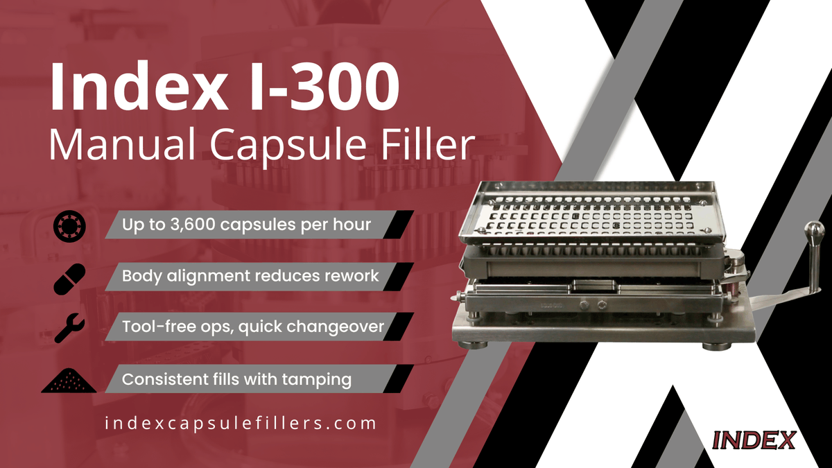 IndexCapFillers's tweet photo. Efficient manual capsule filling.

The Index I-300 Capsule Filler delivers up to 3,600 capsules/hour with body alignment, tool-free operation, and consistent tamping.

Learn more:
https://t.co/SuyLSTkNKB

#CapsuleFilling #NutraceuticalManufacturing https://t.co/ZlPTE6j4ni