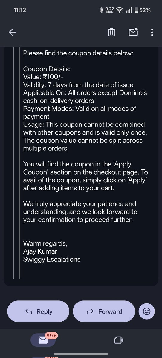 AdiKumarRoy's tweet photo. @SwiggyCares @Swiggy, your 'Escalations' team confirmed a ₹100 coupon for an issue pending since March 1st, yet I'm still being told to 'wait' without a deadline. 
Give a definitive timeline! https://t.co/3kfVMYsnCp