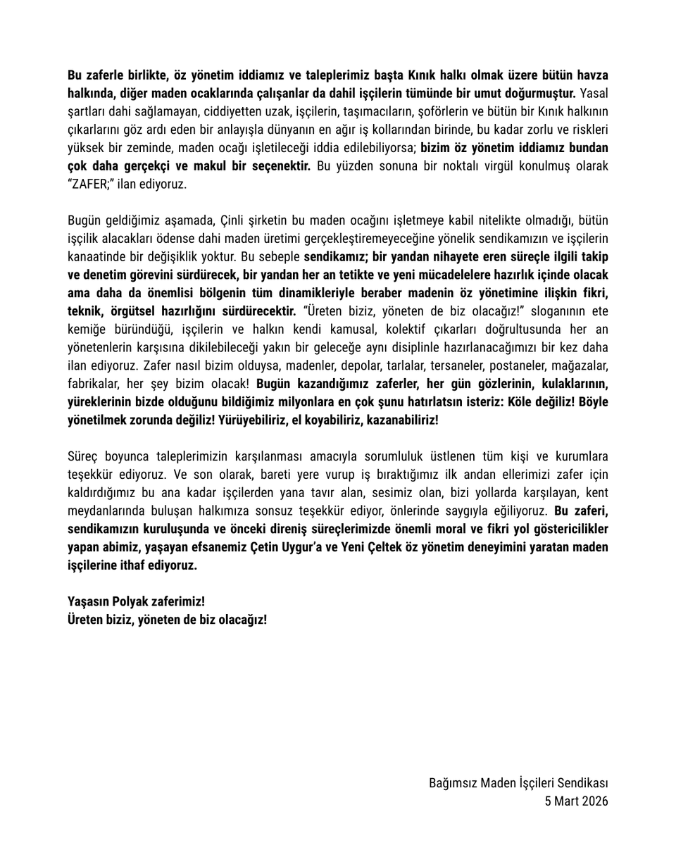 bagimsizmadenis's tweet photo. Polyak'ta Zafer; Madencilerin!

Direnişimizin sonuçlarını paylaşıyoruz. Bu zaferi, baretleri yere vurup iş bıraktığımız ilk andan zafer için ellerimizi kaldırdığımız bu ana kadar bizimle olan emekçi halkımıza armağan ediyoruz. #PolyakMadencileriKazandı

🔗 https://t.co/g0NtceBUHc https://t.co/I7hrhkzAGg
