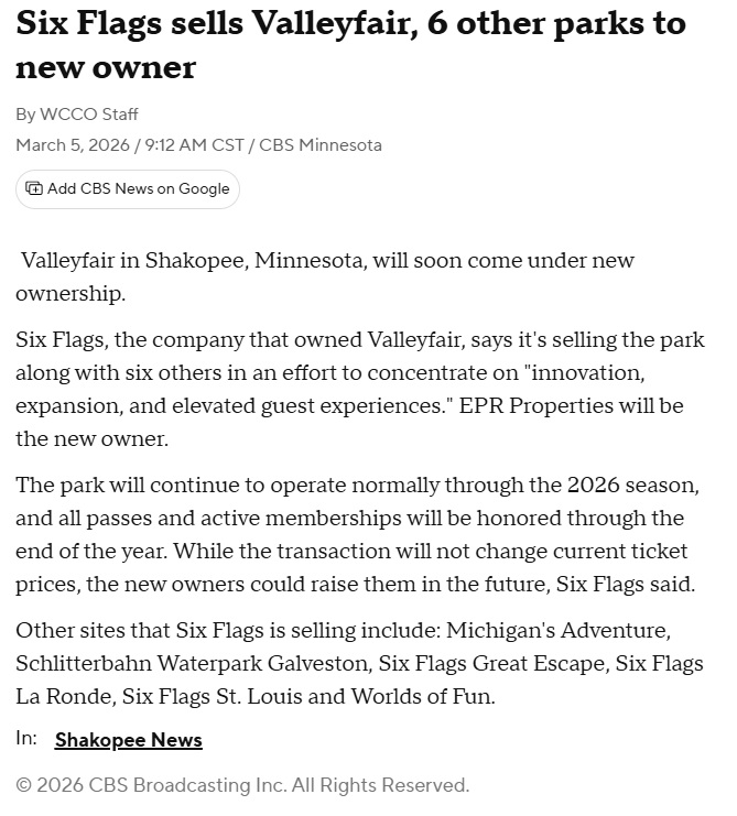 screamscape's tweet image. EPR is buying 7 park properties from Six Flags: Valleyfair, Michigan's Adventure, Worlds of Fun, Schlitterbahn Galveston, La Ronde, Six Flags St. Louis and Six Flags The Great Escape