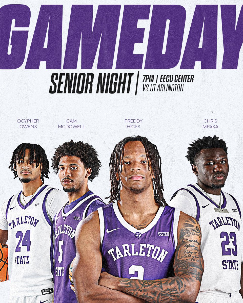 TarletonMBB's tweet photo. Let’s fill the EECU Center in our last game of the season as we honor these amazing seniors 🤩

📺 - https://t.co/5i8dJgQ9lH
📊 - https://t.co/dCPn1Y3tdv
🎧 - https://t.co/oU6TeXkOYp 
🎟️- https://t.co/y3yUbanMcj https://t.co/IAMTm6mtxx