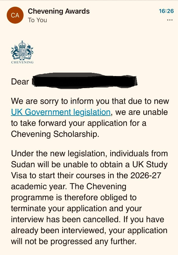UK interior minister Mahmood cancelled all Sudanese student visas yesterday, because she thought that too many Sudanese students with UK visas have applied for asylum in 2025 (120 applications). Scholarship-winning Sudanese students are posting rejection letters online.