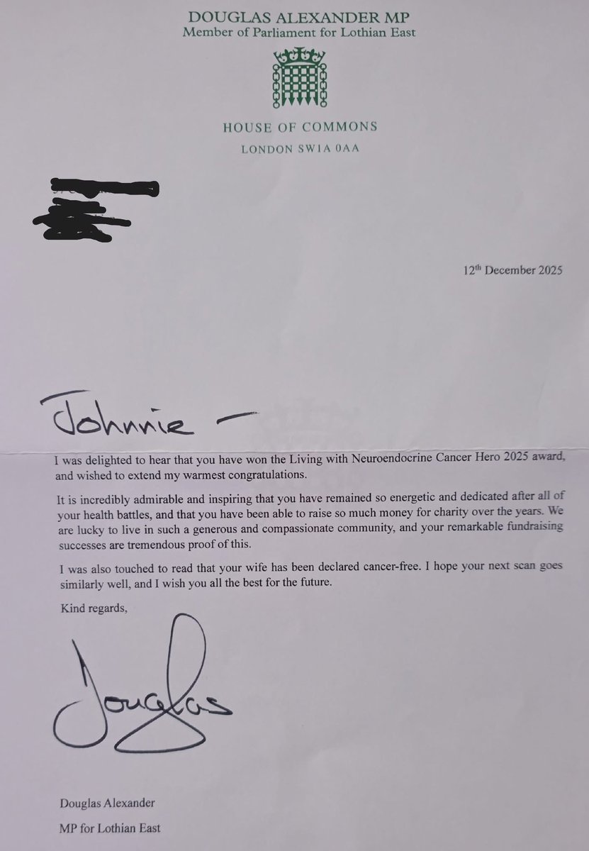 JMeeksJourney's tweet photo. Today’s update from Johnnie. Getting the #NETcancerawareness message out there! Thankyou @D_G_Alexander for taking the time to send Johnnie this letter. Very much appreciated.  🦓🤍🖤 https://t.co/TGAF00pqF9