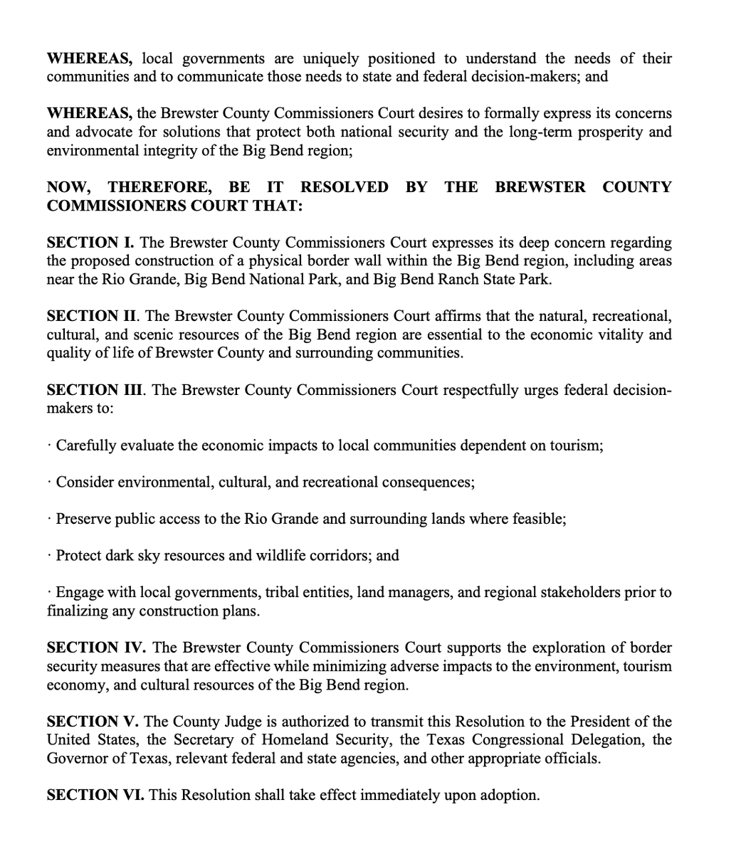 travisbubenik's tweet photo. Officials in Brewster County - home to Big Bend National Park - are set to vote next week on this resolution expressing "deep concern" with border wall plans for the Big Bend area. County commissioners meet on 3/10. https://t.co/c9EC6qFa2A