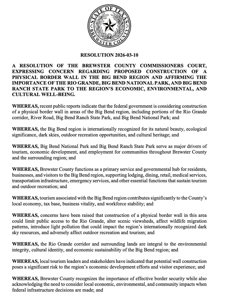 travisbubenik's tweet photo. Officials in Brewster County - home to Big Bend National Park - are set to vote next week on this resolution expressing "deep concern" with border wall plans for the Big Bend area. County commissioners meet on 3/10. https://t.co/c9EC6qFa2A