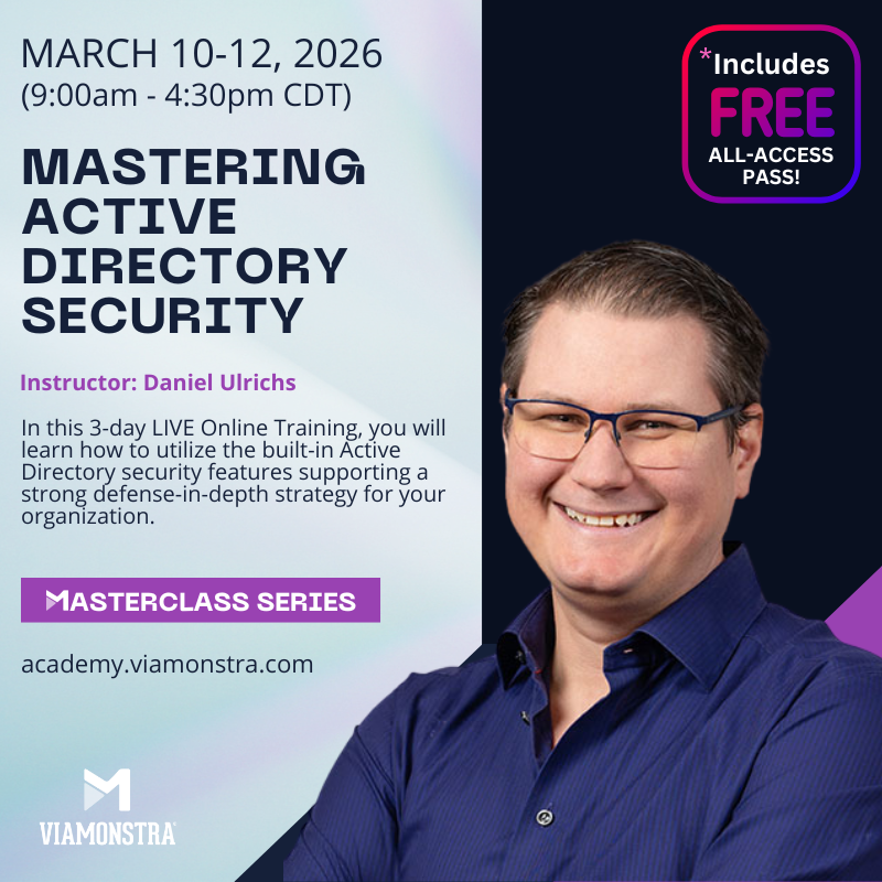 viamonstra's tweet photo. 💥TUESDAY! #ViaMonstraMasterclasses MARCH 10-12 🕘 9:00AM - 4:30PM CDT 💻 MASTERING ACTIVE DIRECTORY SECURITY with Daniel Ulrichs👨‍💻Gain the tools to master Active Directory security in your environment, in just three days! 🚀 LIMITED TIME (Until May1): Enroll in a Masterclass and get a FREE subscription to our All-Access Pass! #ActiveDirectory #CyberSecurity #ViaMonstraAcademy

Enroll HERE➡️ https://t.co/v0JgZAK3H7

This LIVE Online Training is for YOU if you want to:

✅Master Active Directory security
✅Implement a rock-solid delegation model
✅Effectively implement a strict tier model with controls
✅Harden the authentication and authorization in each tier
✅Learn how to use PAWs most effectively
✅Understand how to secure the administrative channels in an Active Directory environment
✅Optimize hardened measures in a new or existing environment
...and so much more!

These Masterclasses are offered only twice a year! Get your spot!
