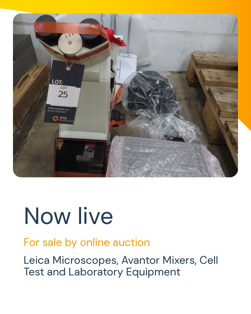 Eddisons_assets's tweet image. NOW LIVE!

Leica Microscopes, Avantor Mixers, Cell Test and Laboratory Equipment

Location: BTG Eddisons, Dunlop Way, Scunthorpe, DN16 3RN

Viewing: Monday 16 March 10am-4pm

Auction Closes from 1pm Tuesday 17 March 2026

auctions.eddisonsassets.com/auctions/9575/…

#onlineauction #laboratory