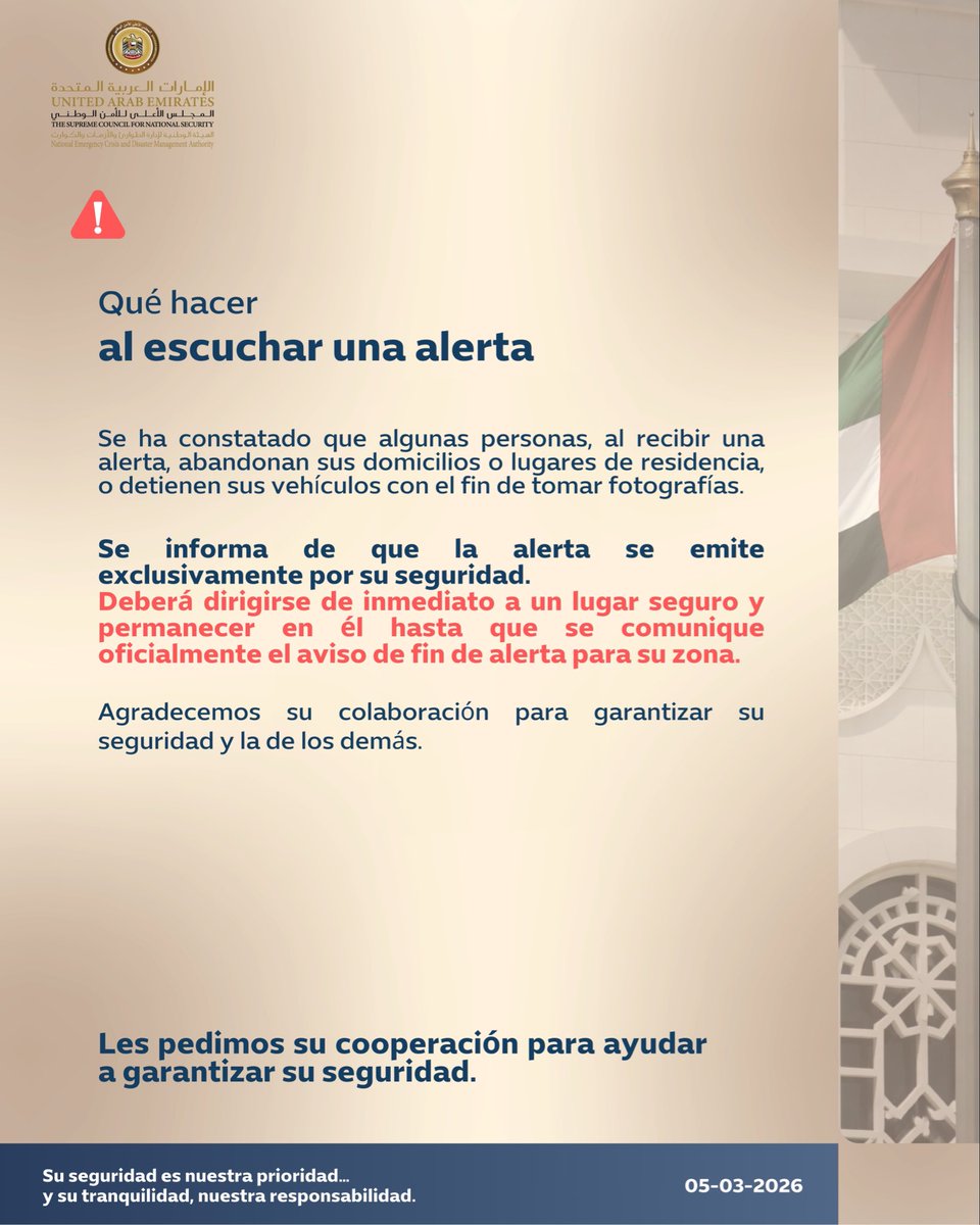 Alerta para su seguridad — no salga a filmar ni grabar. Diríjase inmediatamente a un lugar seguro y permanezca allí hasta que se dé la señal de todo despejado.