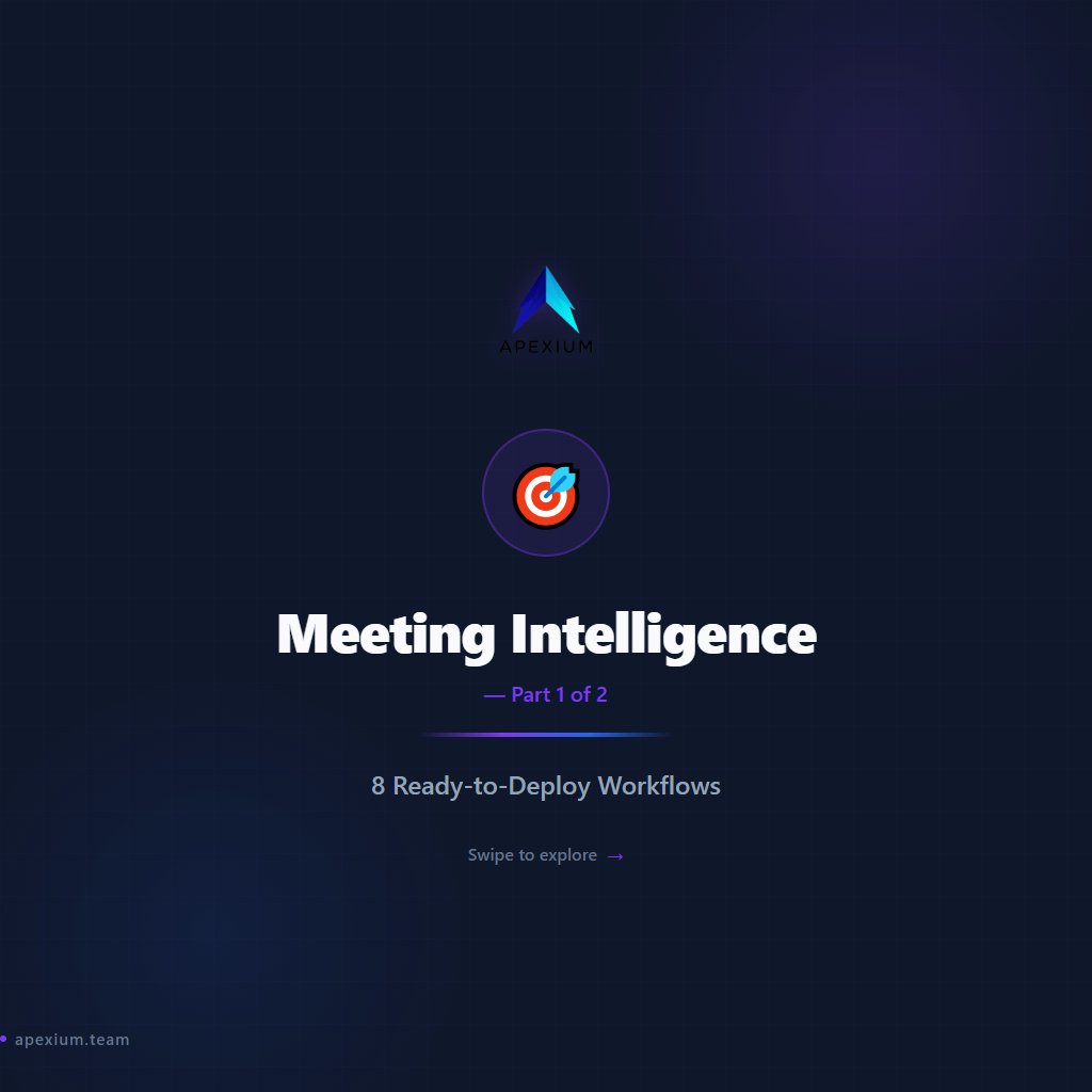 apexium0101's tweet photo. Extract maximum value from every meeting automatically (Part 1/2)

8 Meeting Intelligence workflows — ready to deploy:

→ Meeting Notes to Action Items (Gemini)
→ Meeting Recording to Notes + Tasks
→ Google Meet AI Assistant (Claude + Notion)
→ AI Meeting Minutes to PDF + Multi-Channel
→ AI Meeting Tracker (8-Dimension Analysis)
→ Audio Meeting Summarizer (Whisper + GPT-4)
→ Meeting Notes Summarizer + Slack (Gemini)
→ Auto Meeting Recorder + AI Summary

AI meeting notes, action items, and follow-ups without lifting a finger.

Built with n8n. No code required.

#n8n #Automation #MeetingNotes #Productivity