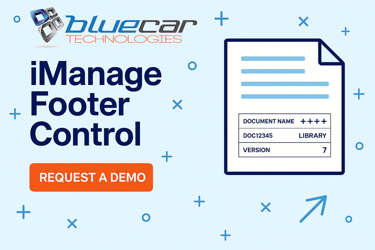bluecartech's tweet photo. Audit readiness often breaks down at the document level.

iManage Footer Control automatically applies live iManage metadata to document footers, keeping versions and context accurate without user effort.

Book a Demo: https://t.co/Iv2GkD2RIU https://t.co/tMUaS6emTw