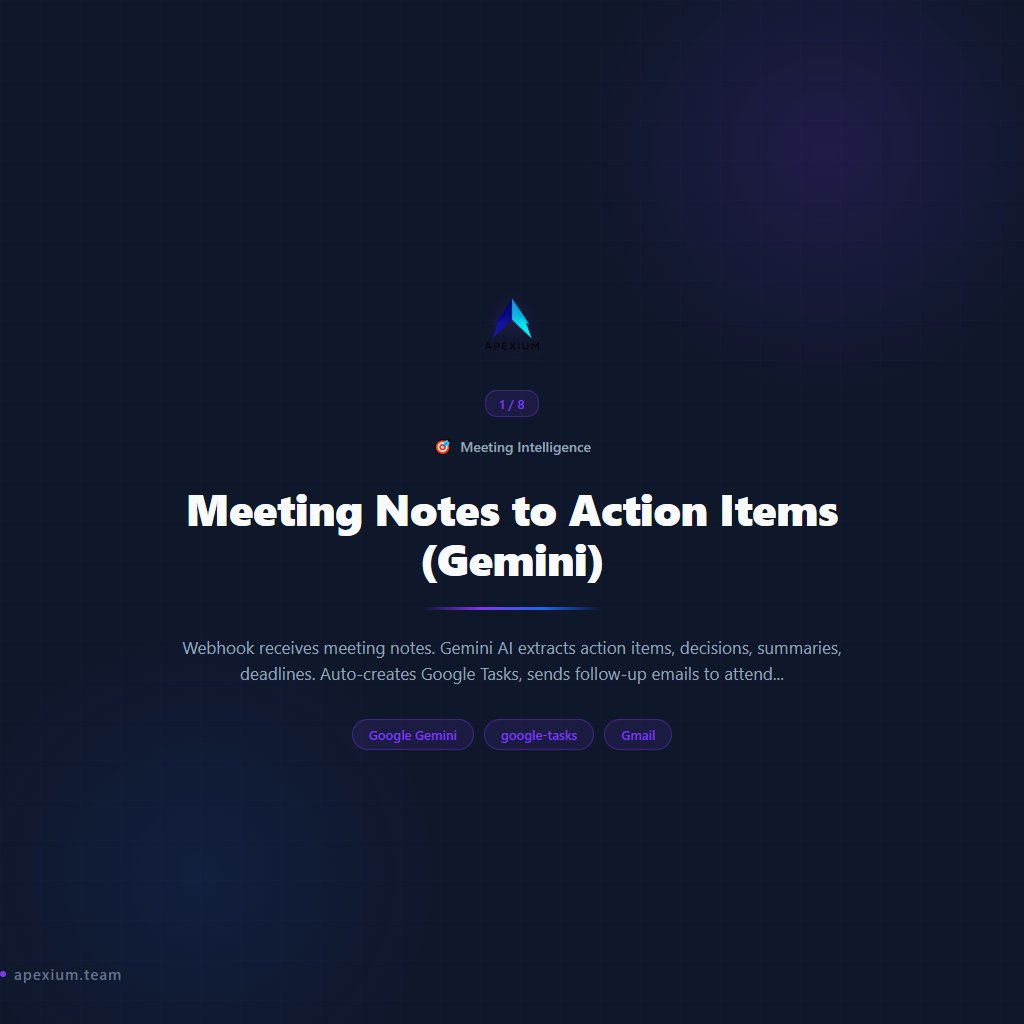 apexium0101's tweet photo. Extract maximum value from every meeting automatically (Part 1/2)

8 Meeting Intelligence workflows — ready to deploy:

→ Meeting Notes to Action Items (Gemini)
→ Meeting Recording to Notes + Tasks
→ Google Meet AI Assistant (Claude + Notion)
→ AI Meeting Minutes to PDF + Multi-Channel
→ AI Meeting Tracker (8-Dimension Analysis)
→ Audio Meeting Summarizer (Whisper + GPT-4)
→ Meeting Notes Summarizer + Slack (Gemini)
→ Auto Meeting Recorder + AI Summary

AI meeting notes, action items, and follow-ups without lifting a finger.

Built with n8n. No code required.

#n8n #Automation #MeetingNotes #Productivity