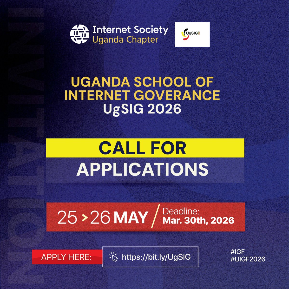 ISOCUg's tweet photo. ‼️‼️Application for the Uganda School of Governance is Now Open‼️‼️
The Internet Society Uganda Chapter invites applications from early-career professionals, students, and civil society leaders across Uganda interested in internet governance, digital rights, policy, AI, and cybersecurity.

The program offers interactive workshops, expert lectures, and networking to build skills and influence national digital policy.

Dates: May 25 - 26, 2026

Application Deadline: March 30, 2026

Application Link: https://t.co/5iKEZ0z1oC