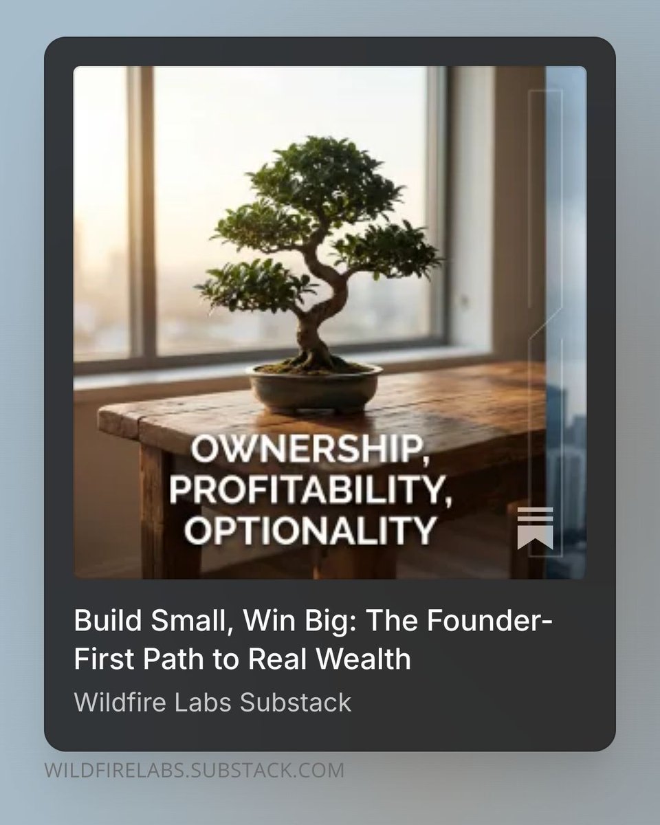 wildfirelabs_io's tweet photo. Build small. Win big.

⭐ Own the majority
⭐ Focus on margins, not vanity funding.
⭐ Define your “enough” number—what actually matters to you.
⭐ Don’t let investor math drive your journey.

#BuildSmall #StartupLife #FoundersJourney https://t.co/xhJRSGZN6f