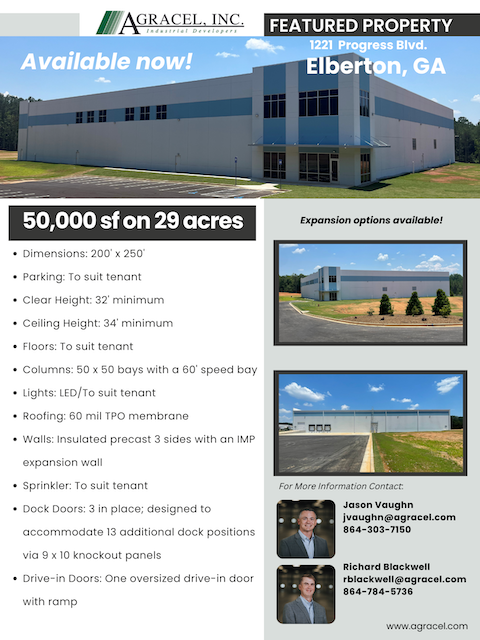 GrowWithAgracel's tweet image. We are proud to feature our “build-out-ready” speculative building in Elberton, Georgia! This 50,000 sf facility is ready to be finished to your specifications. Reach out to Jason Vaughn, P.E. or Richard Blackwell for more info. #WeDevelop #MoreThanJustBuildings #40Years