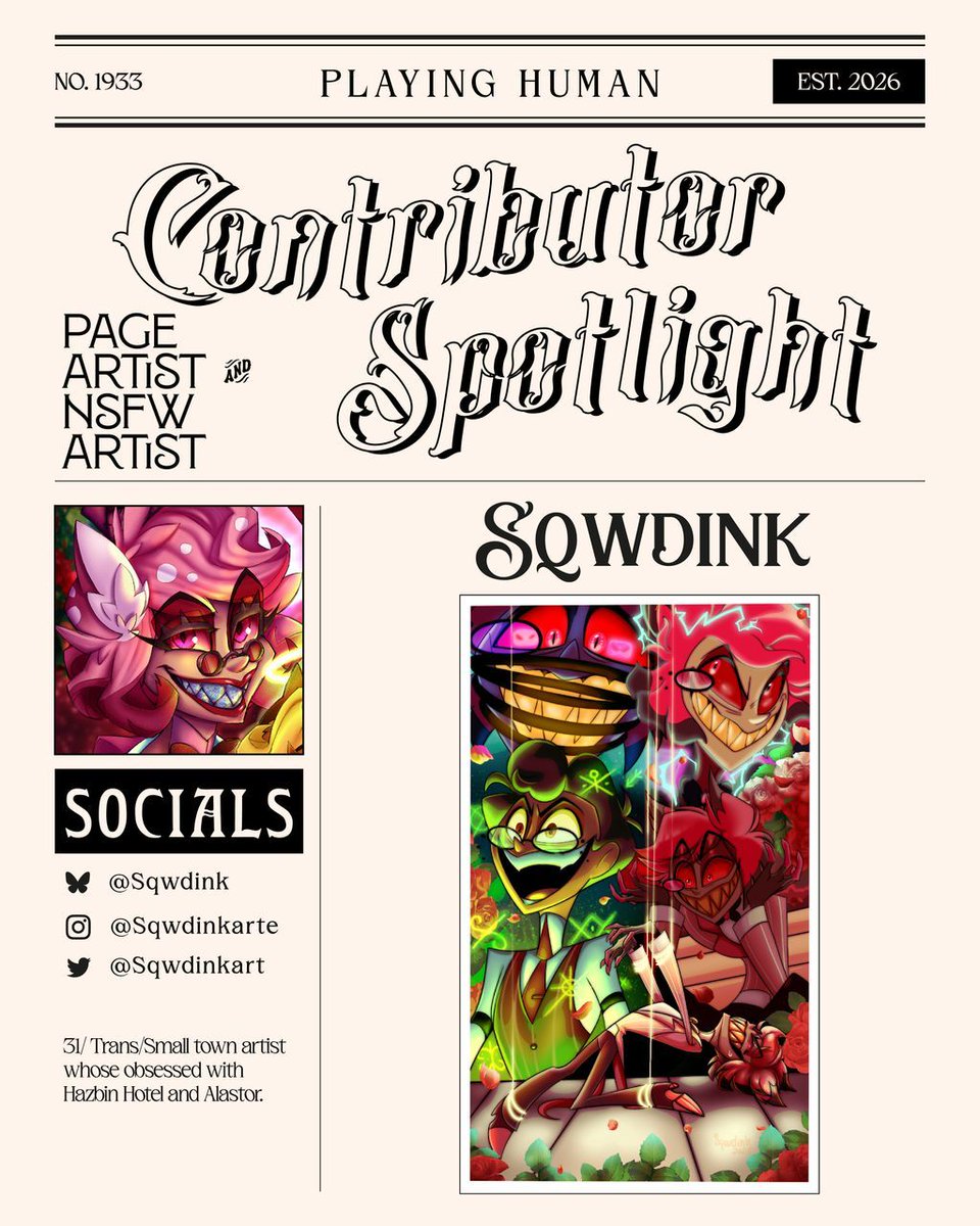 🔪 CONTRIBUTOR SPOTLIGHT🔪

What does it take to print a zine? A fun personality, a little bit of love, and a whole lotta ink! That's why we got @sqwdinkart to come and make something beautiful for us! Find their art in our zine!

PREORDERS OPEN APRIL 19TH!
